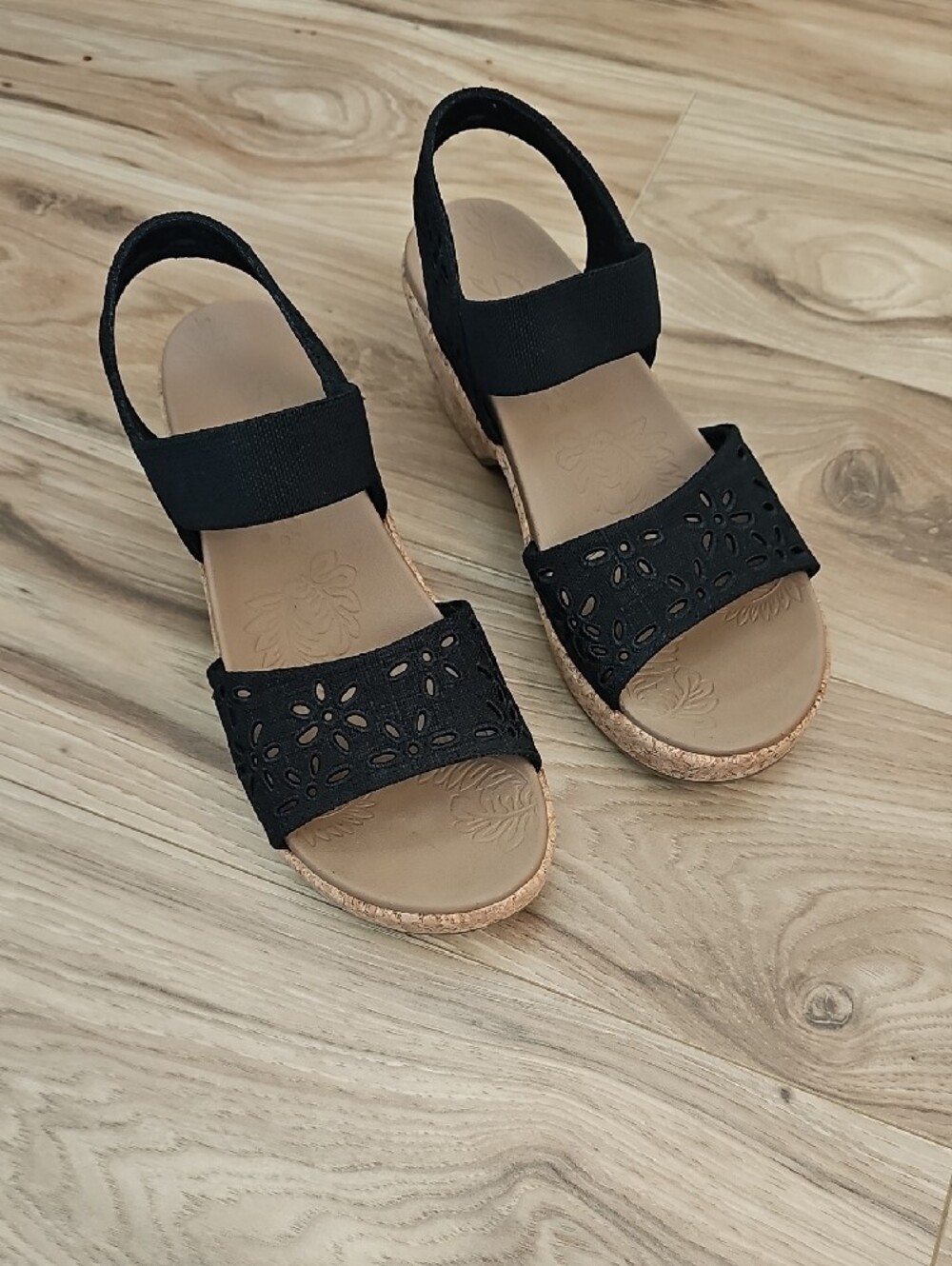 Skechers Black Laser-Cut Elastic Cork Wedge Sandals